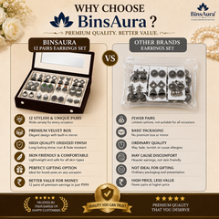 BinsAura Velvet Jewelry Box with 12 Pairs of Oxidized Earrings for Women & Girls | Mirror Jewelry Organizer with Soft Compartments | Decorative Storage Box Gift Set for Birthday, Anniversary & Festive Occasions