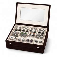 BinsAura Velvet Jewelry Box with 12 Pairs of Oxidized Earrings for Women & Girls | Mirror Jewelry Organizer with Soft Compartments | Decorative Storage Box Gift Set for Birthday, Anniversary & Festive Occasions