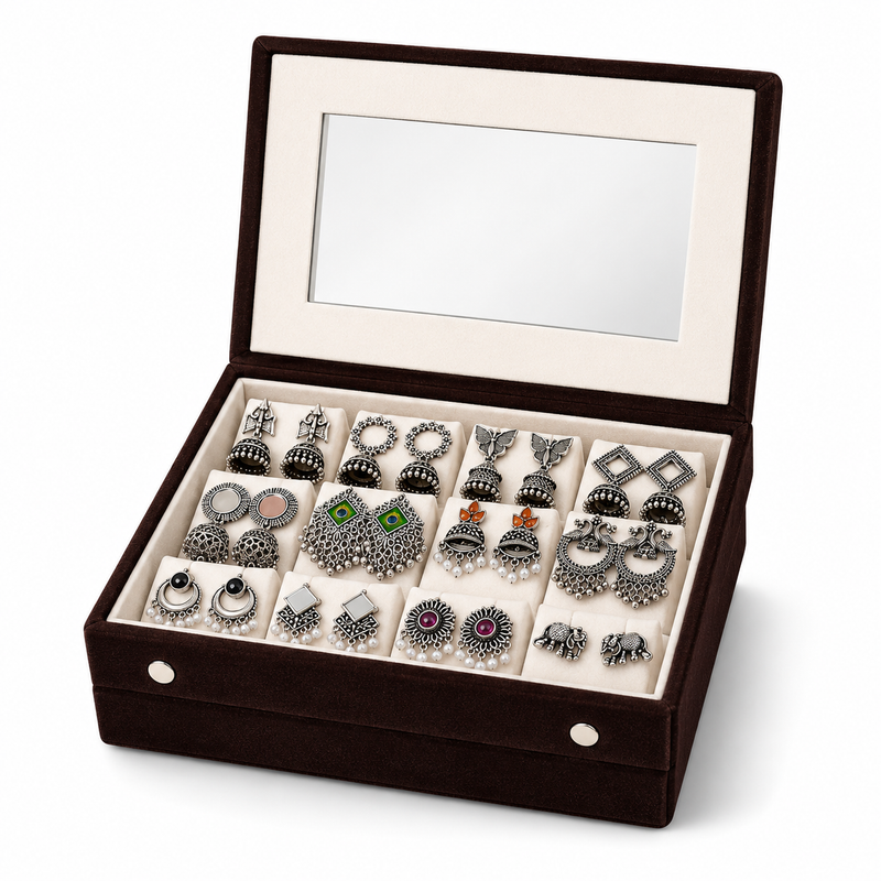 BinsAura Velvet Jewelry Box with 12 Pairs of Oxidized Earrings for Women & Girls | Mirror Jewelry Organizer with Soft Compartments | Decorative Storage Box Gift Set for Birthday, Anniversary & Festive Occasions