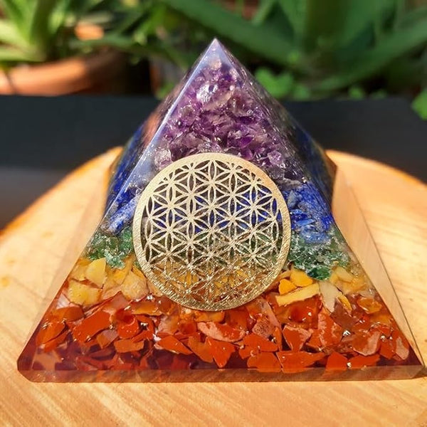 7 Chakra Orgonite Pyramid for Reiki Healing – Energy Generator with Flower of Life Symbol for Protection & Meditation