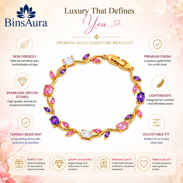 BinsAura Tulip Bracelet – Premium Gold Plated Multicolor Stone Bracelet for Women | Elegant Party & Daily Wear