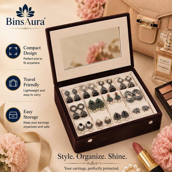 BinsAura Velvet Jewelry Box with 12 Pairs of Oxidized Earrings for Women & Girls | Mirror Jewelry Organizer with Soft Compartments | Decorative Storage Box Gift Set for Birthday, Anniversary & Festive Occasions