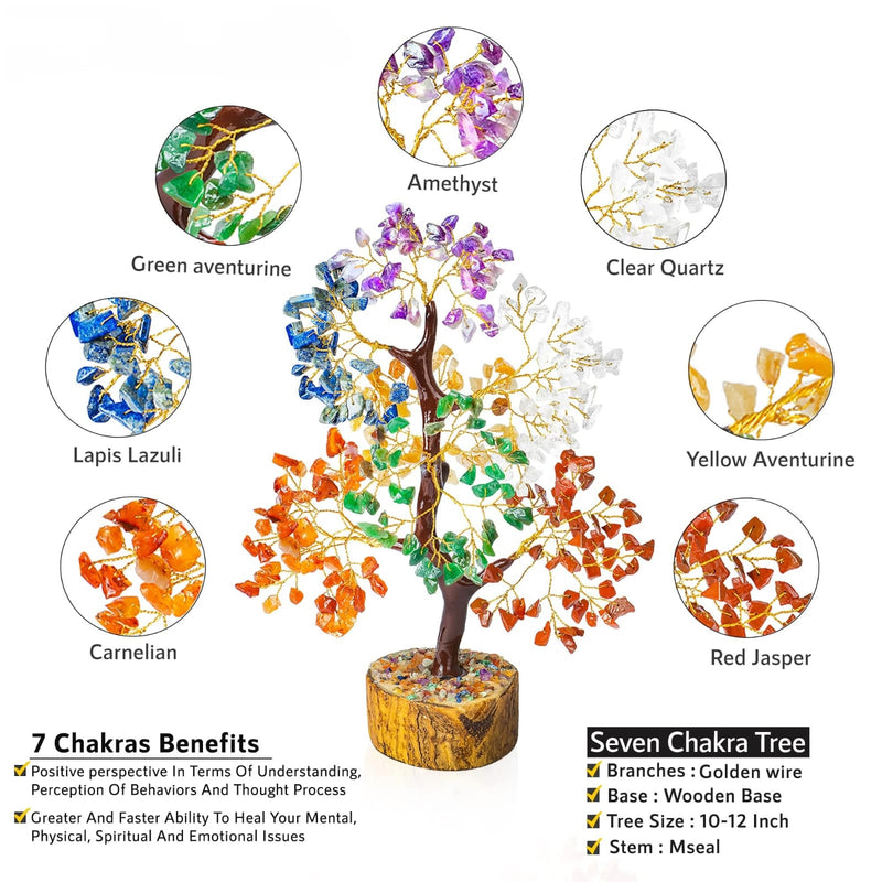 7 chakra crystal tree with gemstone stones amethyst clear quartz lapis lazuli green aventurine carnelian red jasper feng shui decor BINSFASHION