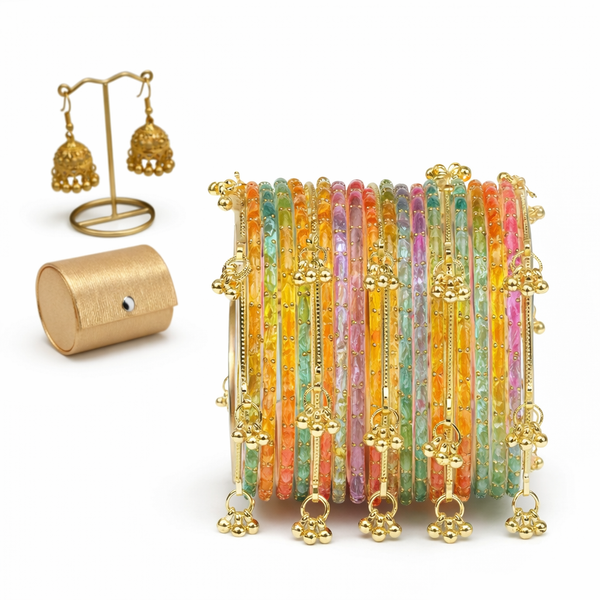 Kashmiri Multi-Color Glass ghungroos Bangle Set with Traditional Golden Jhumka Earrings & Luxury Gift Box (Free Gift Included)