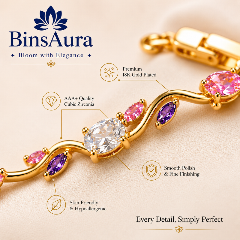 BinsAura Tulip Bracelet – Premium Gold Plated Multicolor Stone Bracelet for Women | Elegant Party & Daily Wear