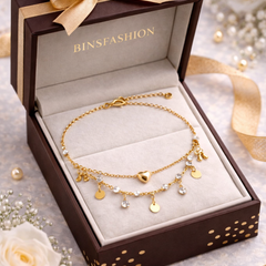Gold Plated Adjustable Anklet for Women , Heart Charm, Crystal Drops