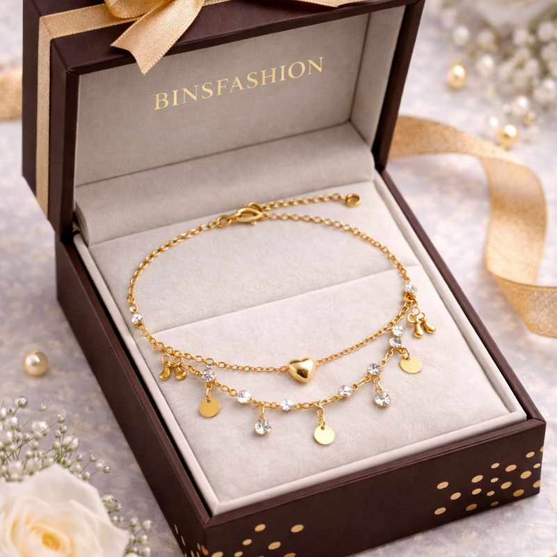 Gold Plated Adjustable Anklet for Women , Heart Charm, Crystal Drops
