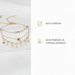Gold Plated Adjustable Anklet for Women , Heart Charm, Crystal Drops