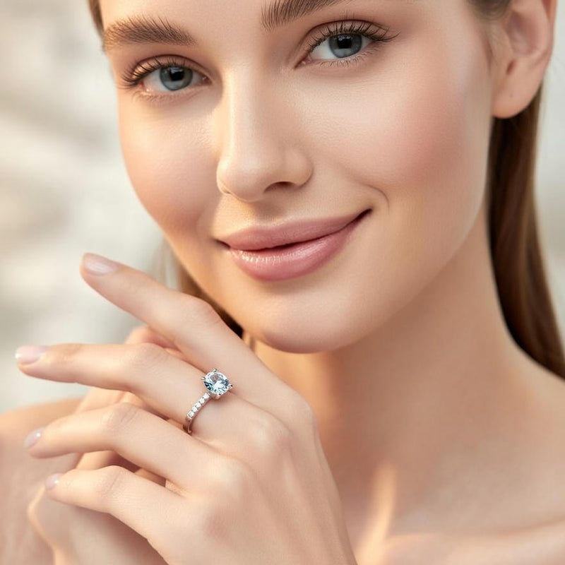 Elegant Silver Blue Solitaire Diamond Ring