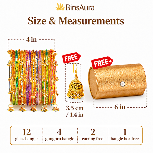 Kashmiri Multi-Color Glass ghungroos Bangle Set with Traditional Golden Jhumka Earrings & Luxury Gift Box (Free earrings + free bangle box )