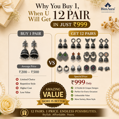 BinsAura Velvet Jewelry Box with 12 Pairs of Oxidized Earrings for Women & Girls | Mirror Jewelry Organizer with Soft Compartments | Decorative Storage Box Gift Set for Birthday, Anniversary & Festive Occasions