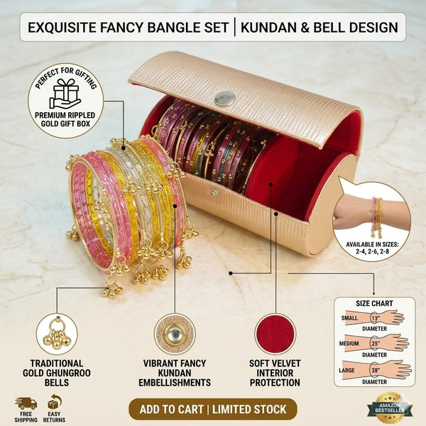 Kashmiri Multi-Color Glass ghungroos Bangle Set with Traditional Golden Jhumka Earrings & Luxury Gift Box (Free earrings + free bangle box )