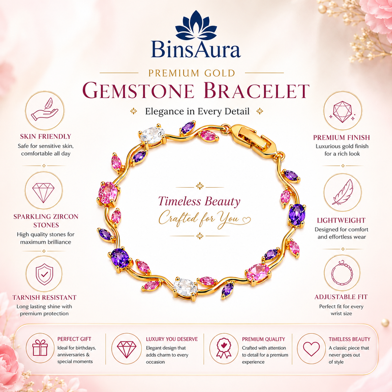 BinsAura Tulip Bracelet – Premium Gold Plated Multicolor Stone Bracelet for Women | Elegant Party & Daily Wear