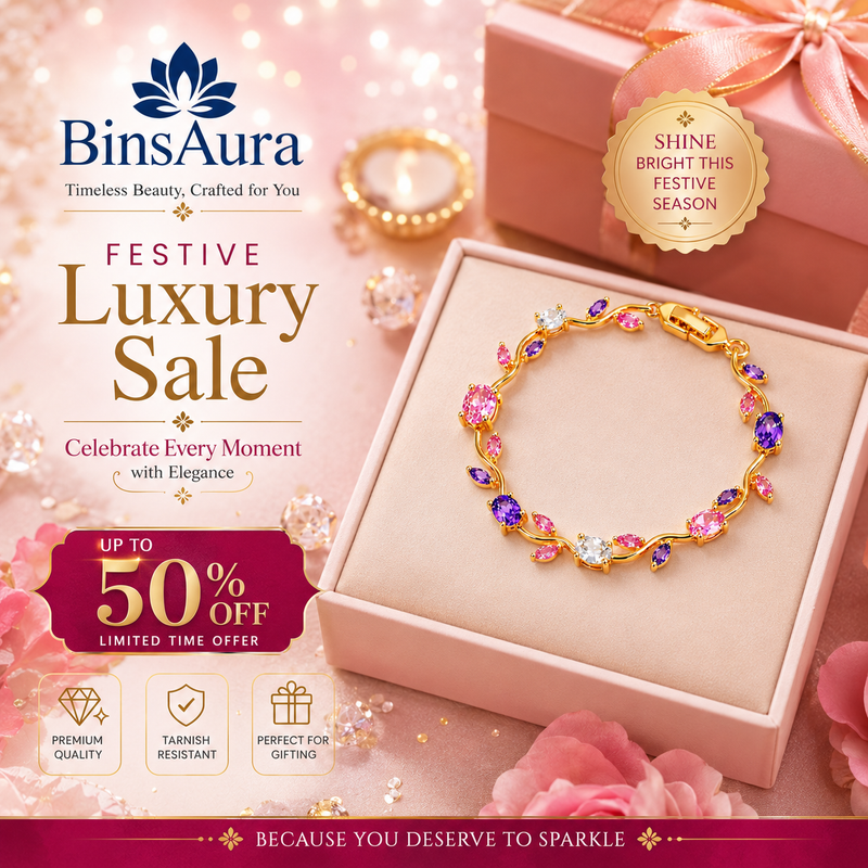 BinsAura Tulip Bracelet – Premium Gold Plated Multicolor Stone Bracelet for Women | Elegant Party & Daily Wear