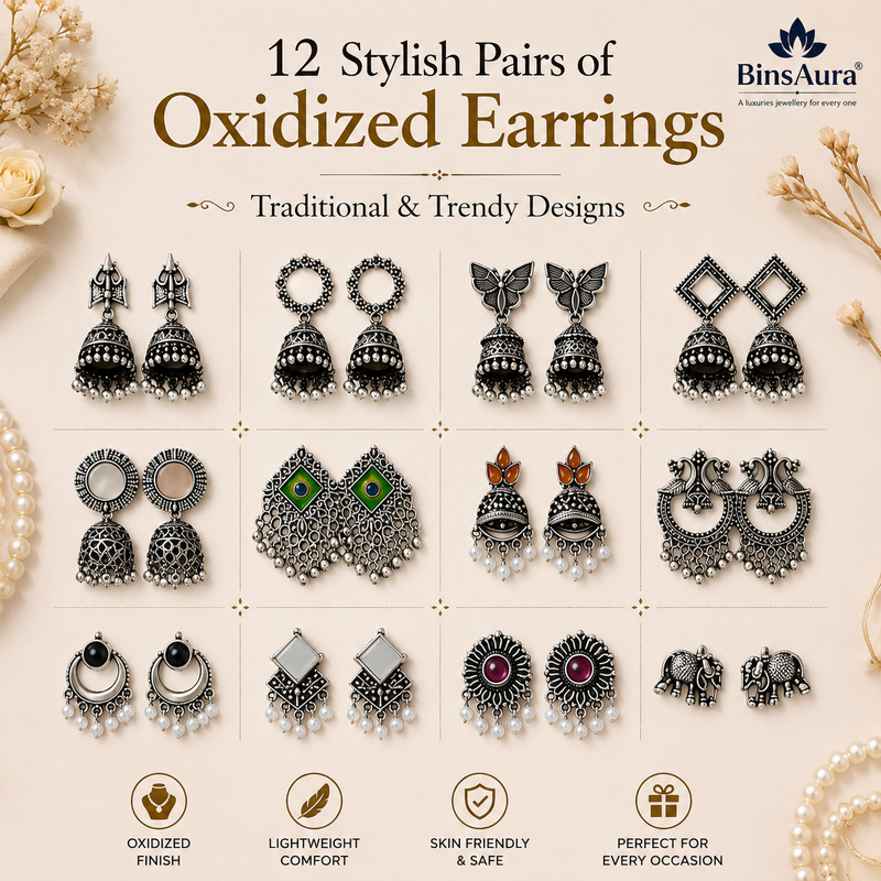 BinsAura Velvet Jewelry Box with 12 Pairs of Oxidized Earrings for Women & Girls | Mirror Jewelry Organizer with Soft Compartments | Decorative Storage Box Gift Set for Birthday, Anniversary & Festive Occasions