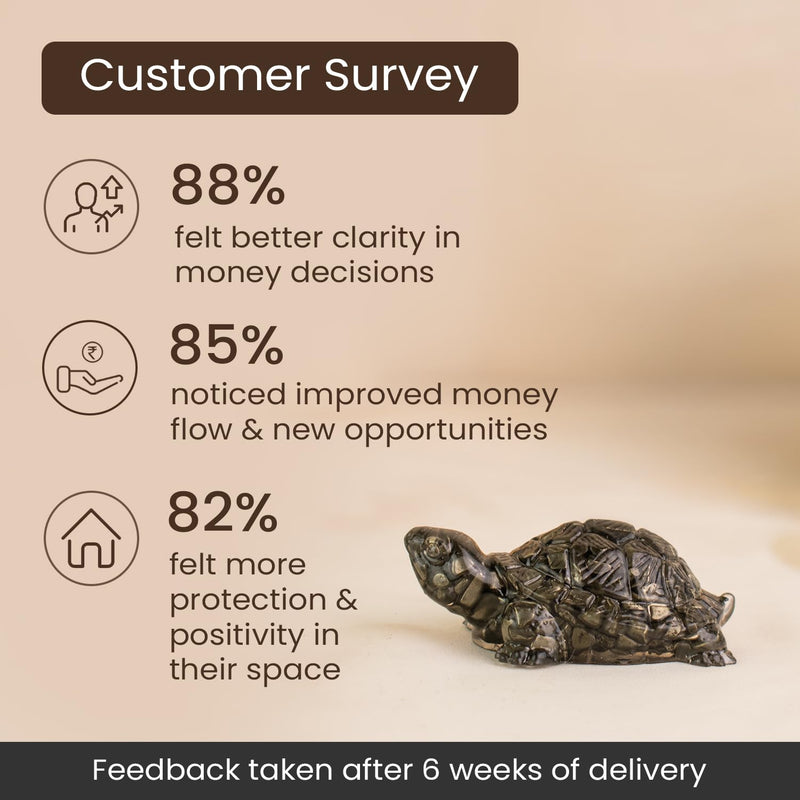 Decorative turtle figurine with customer survey statistics on a beige background
