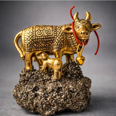 Kamdhenu Cow Idol with Calf – Vastu & Feng Shui Lucky Cow Statue for Wealth, Prosperity & Positive Energy | Brass Finish Spiritual Home Decor Gift