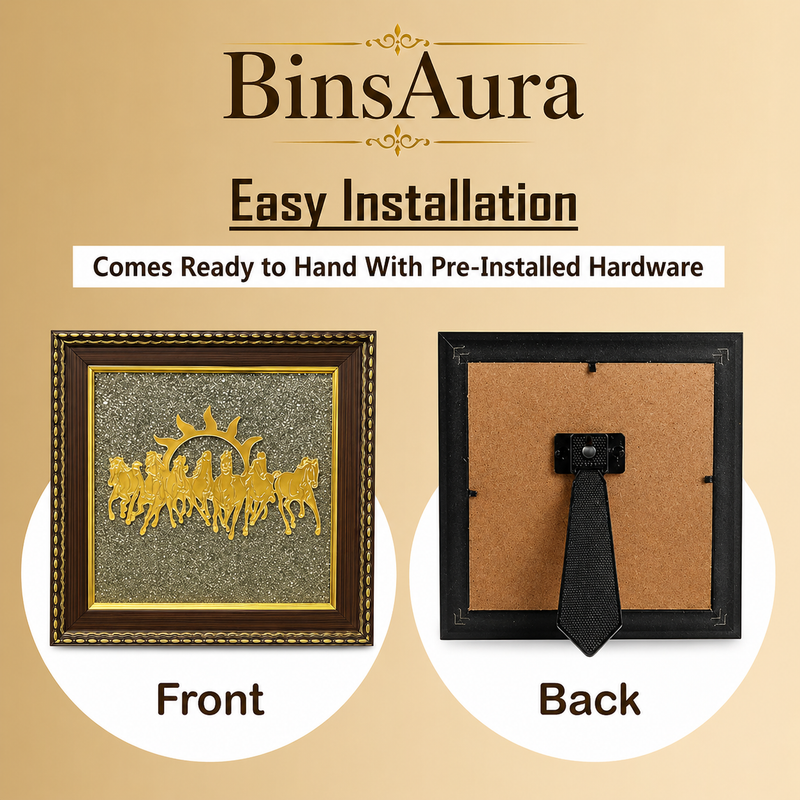 7 Running Horses Pyrite Frame Vastu Wall Decor – Wealth, Success & Career Growth Feng Shui Horse Painting for Home & Office