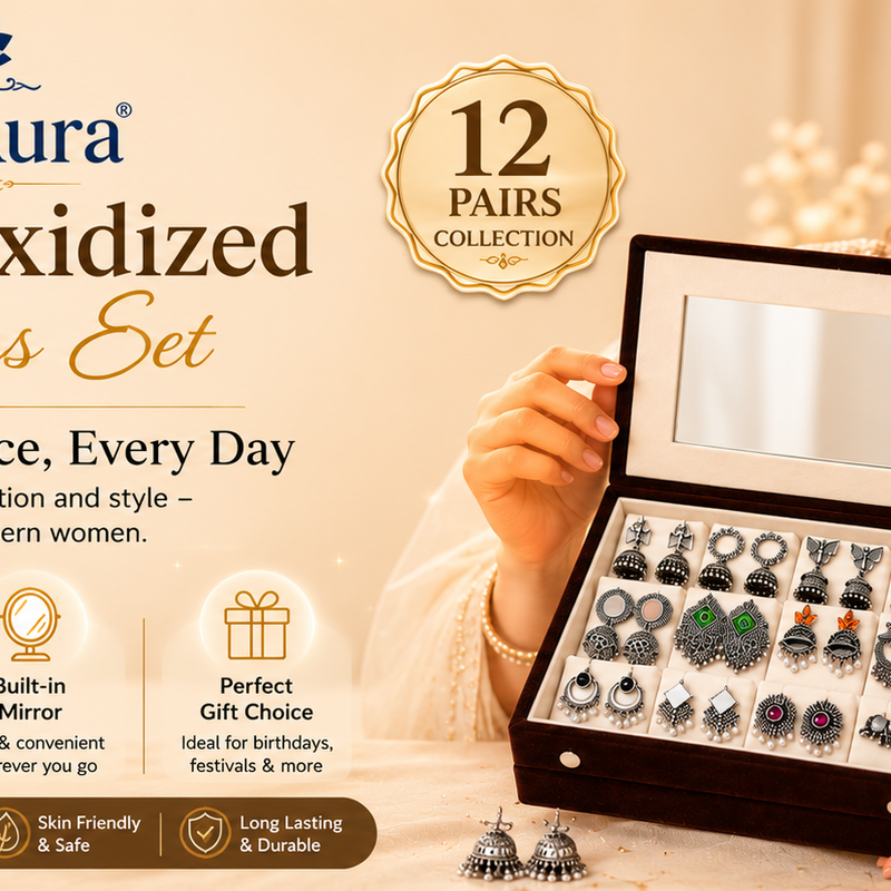 BinsAura Velvet Jewelry Box with 12 Pairs of Oxidized Earrings for Women & Girls | Mirror Jewelry Organizer with Soft Compartments | Decorative Storage Box Gift Set for Birthday, Anniversary & Festive Occasions