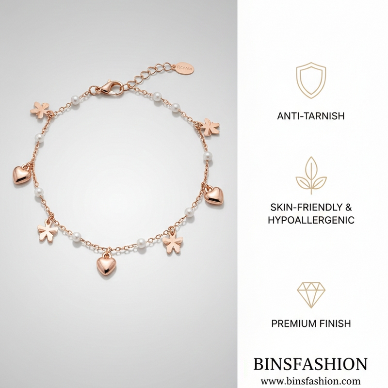 Butterfly & Heart Charm Pearl Anklets