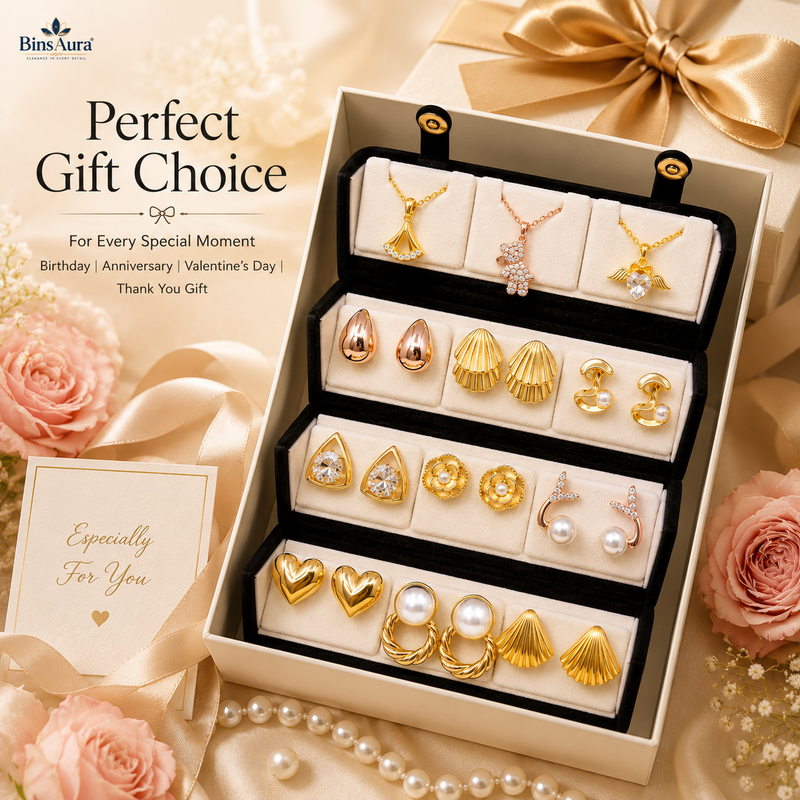 BinsAura 12 Pair Earrings Combo Set for Women | Stylish Gold Plated Studs & Drops | Lightweight Daily Wear Jewelry | Perfect for Girls & Women | Gift Combo Pack