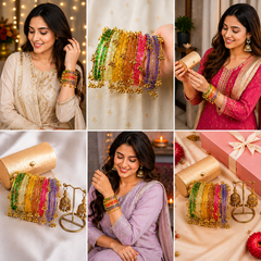 Kashmiri Multi-Color Glass ghungroos Bangle Set with Traditional Golden Jhumka Earrings & Luxury Gift Box (Free earrings + free bangle box )