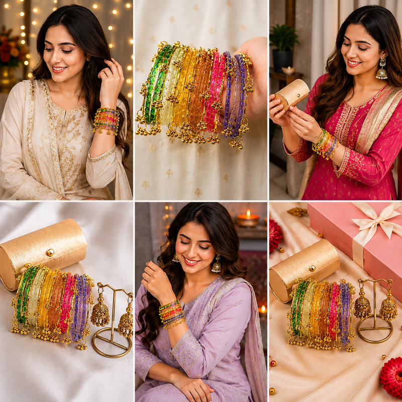 Kashmiri Multi-Color Glass ghungroos Bangle Set with Traditional Golden Jhumka Earrings & Luxury Gift Box (Free earrings + free bangle box )