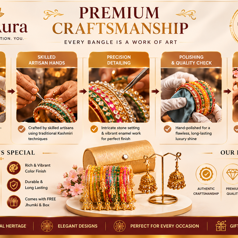Kashmiri Multi-Color Glass ghungroos Bangle Set with Traditional Golden Jhumka Earrings & Luxury Gift Box (Free earrings + free bangle box )