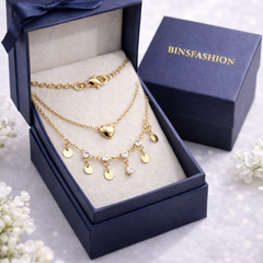 Gold Plated Adjustable Anklet for Women , Heart Charm, Crystal Drops