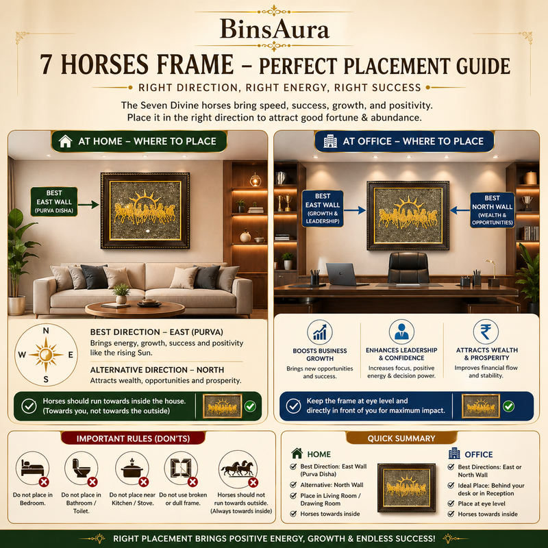 7 Running Horses Pyrite Frame Vastu Wall Decor – Wealth, Success & Career Growth Feng Shui Horse Painting for Home & Office