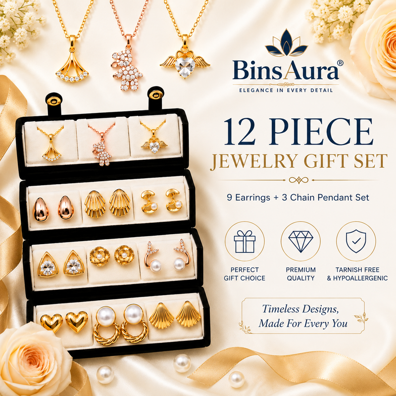BinsAura 12 Pair Earrings Combo Set for Women | Stylish Gold Plated Studs & Drops | Lightweight Daily Wear Jewelry | Perfect for Girls & Women | Gift Combo Pack