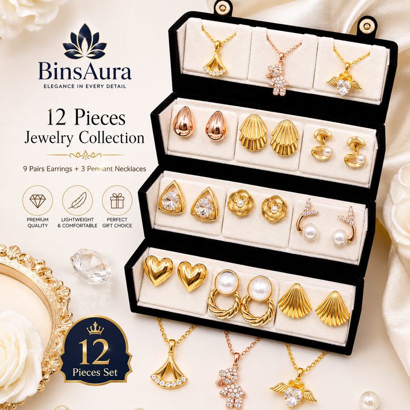 BinsAura 12 Pair Earrings Combo Set for Women | Stylish Gold Plated Studs & Drops | Lightweight Daily Wear Jewelry | Perfect for Girls & Women | Gift Combo Pack