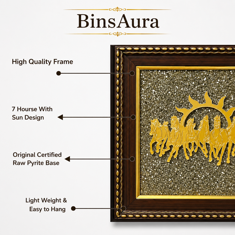7 Running Horses Pyrite Frame Vastu Wall Decor – Wealth, Success & Career Growth Feng Shui Horse Painting for Home & Office
