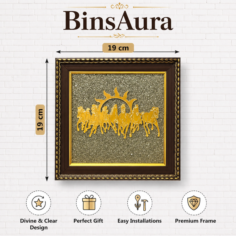 7 Running Horses Pyrite Frame Vastu Wall Decor – Wealth, Success & Career Growth Feng Shui Horse Painting for Home & Office