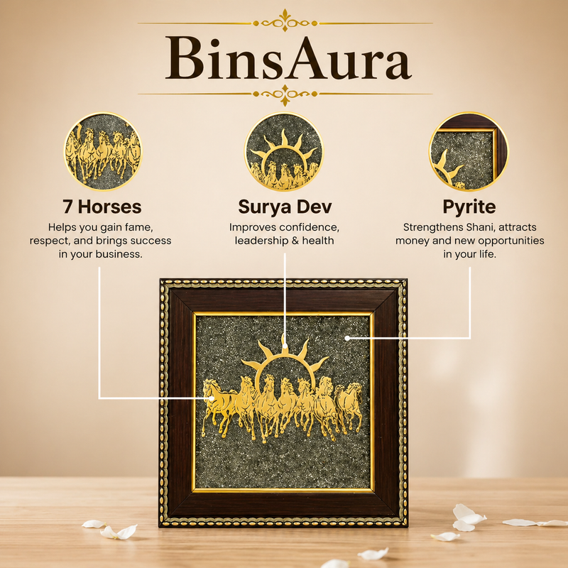 7 Running Horses Pyrite Frame Vastu Wall Decor – Wealth, Success & Career Growth Feng Shui Horse Painting for Home & Office