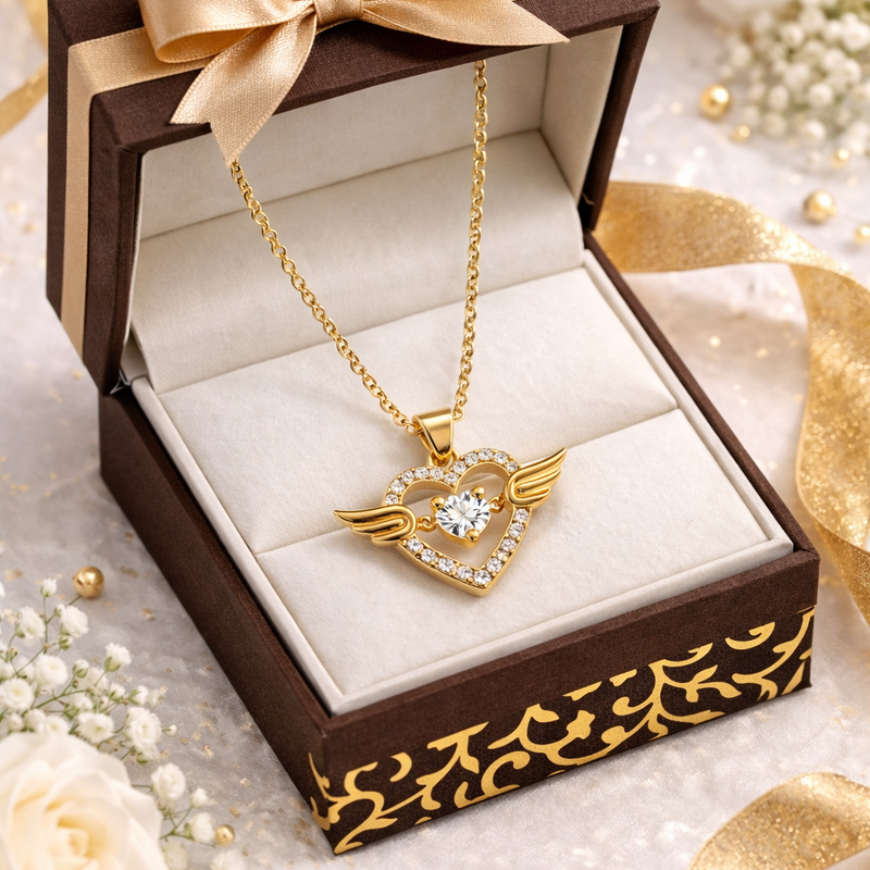 Angel Wing Heart Crystal Pendant Necklace